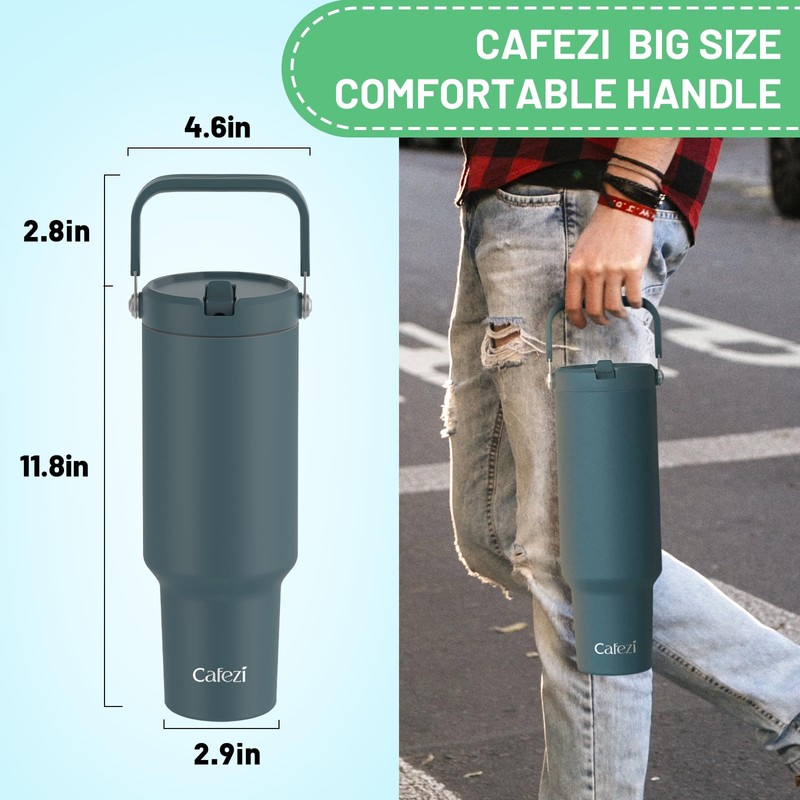 Cafezi 50oz Tumbler with Handle, Stainless Steel Water Bottles with