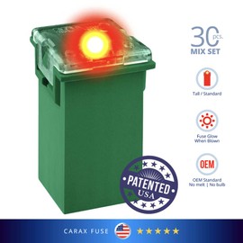 CARAX Glow Fuse – Premium Fuse Cartridge Tall Standard Fuse – Mix Kit 30 pcs. – Glow When Blown LED Automotive Fuse – Smart Auto Glow Fuse Easy Identification – 30 pcs.