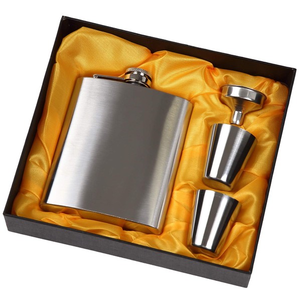Enoco Land Solid Color Hip Flask Set, Cloth Bag, Funnel, and 2 Shot Glasses Included, Yellow, 8 oz