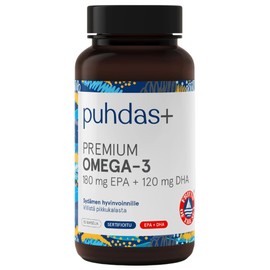 puhdas+ Premium Omega 3 180 mg EPA + 120 mg DHA [80 Capsules] Natural Fish Oil Complex, High Quality and Certified Omega 3 Capsules Fish Oil, Made in Finland