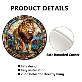 Lygond Metal Sign Tin Sign Circular Stained Glass Lion Garden Metal Sign for Club 12×12 Inches