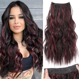 KooKaStyle Invisible Wire Hair Extensions with Transparent Headband Adjustable Size 4 Secure Clips Long Wavy Secret Wire Hairpiece 20 Inch Burgundy mix Dark Brown for Women