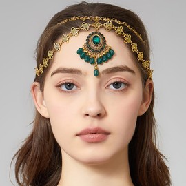 Boho Headband for Women Elegant Bridal Wedding Headpiece Cubic Zirconia Vintage Jhumka Bead Tassel Festival Gold Plated Adjustable Forehead Chain Bollywood Party Accessories Jewelry (Green, Gold)