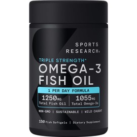 Sports Research Triple Strength Omega 3 Fish Oil - Burpless Fish Oil Supplement w/EPA & DHA Fatty Acids from Wild Caught Fish - Heart, Brain & Immune Support for Men & Women - 1250 mg, 150 ct