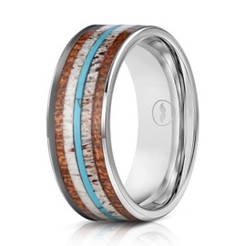 Men's Silver Tungsten Carbide Wedding Band - Premium Tungsten Ring With Turquoise, Deer Antler & Koa Wood Inlay - Includes Silicon Band, Leather Drawstring Pouch, & Luxury Walnut Box(Size 8)