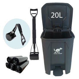 AkoSlale Dog Poop Trash Can Outside with Foldable Pooper Scooper – 20L Outdoor Pet Waste Bin with Foot Pedal Lid & 100 Bags – Waterproof Odor Control Trash Can for Yard, Patio, Garden