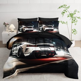 Nttopship Sports Car Comforter Set Queen Size 7PCS, White Racing Car Bed Set Light White Racing Car Bedding Set 7 Piece in A Bag,Bed Sheet Set Racing Car Decor,Microfiber Lightweight All Season