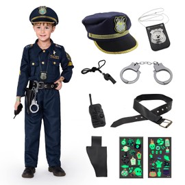 Buoniganuo Police Officer Cosplay Children 11-Piece Set Halloween Cosplay Costume Children Disguise Police Kids Uniform Long Sleeve Navy Performance Costume School Festival Cultural Festival Boy Girl