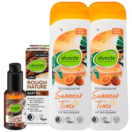 alverde NATURKOSMETIK 3er-Set Hautpflege: MEN Bartöl ROUGH NATURE kräftigt & pflegt Barthaar ohne zu fetten, beugt Spannungsgefühlen vor, 30 ml + Duschgel SUMMER TIME mit Orange, 2 x 250 ml (530 ml)
