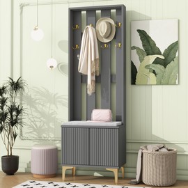 Merax Modern Luxury Hall Tree with Bench and Storage Cabinet, 3-in-1 Coat Rack with 8 Hooks for Entrance, Hallway Gray