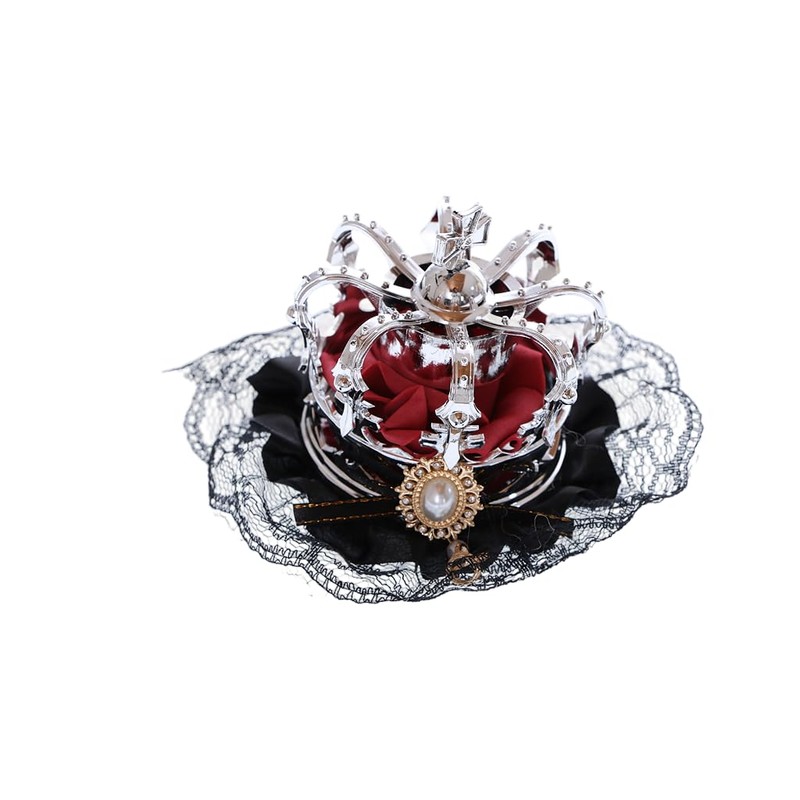 Kawaii-Story C-107-2 Silver Crown Red Rose Bow Black Lace Ruffle