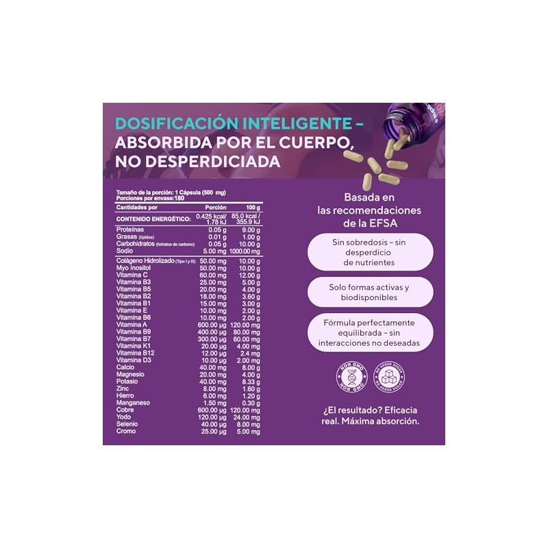Vitaminas para Mujer con Colágeno Hidrolizado, Inositol, Biotina, Ácido Fólico