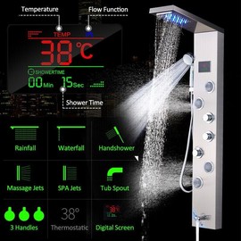 ELLO&ALLO Wall Mount Stainless Steel LED Shower Panel Tower System Rainfall Waterfall Head
