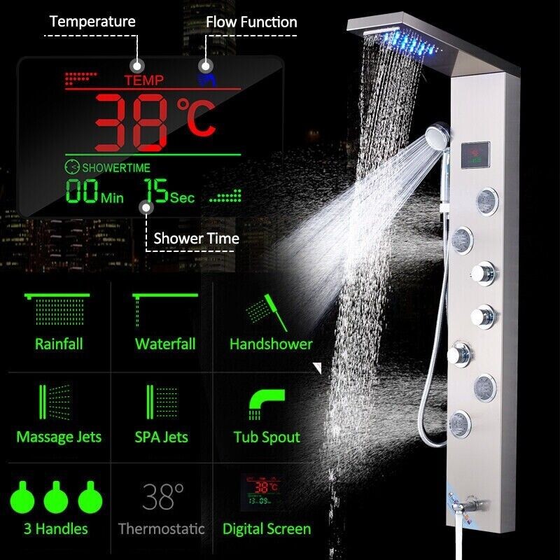 ELLO&ALLO Wall Mount Stainless Steel LED Shower Panel Tower System