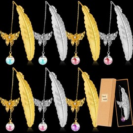 Lincia 8 Pcs Christmas Metal Feather Bookmarks for Women Teacher Gifts with 3D Butterfly Pendant Feather Book Markers for Graduation Party Teacher Appreciation Birthday Gifts Mothers Day Readers