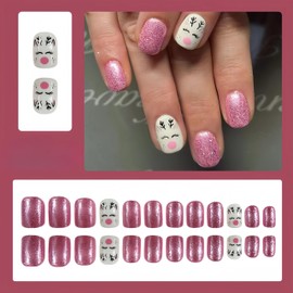 Christmas Press on Nails Cute Elk Short Ovals Fake Nails Pink Glitter Glue on Nails Full Cover False Nails Winter Pink Xmas Stick on Nails Acrylic Nails Cute Artificial Nails for Women Girls 24Pcs