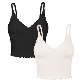 Sunzel Tank Top for Women, V Neck Cropped Seamless Ribbed Camisole with Ruffles for Workout Yoga Lounge (Black&Beige L-XL)