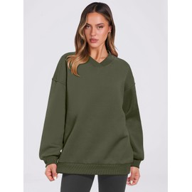 ANRABESS Womens Oversized V Neck Sweatshirt Fleece Long Sleeve Hoodies Pullover Comfy Top Outfits 2024 Teen Preppy Clothes Large Army Green