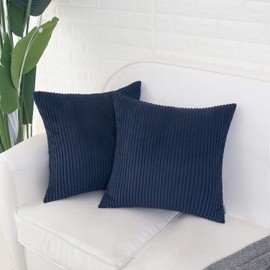 HWY 50 Navy Blue Corduroy Throw Pillow Covers 18x18 Inch, Set of 2, Soft Cozy Decorative Cushion Cases for Couch Sofa Bed Living Room, Boho Striped Home Decor