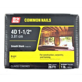 Grip-Rite B000BO5CE4 4C1, 4D, 1-1/2" Overall Length, 1/4" Head Size, Grey Metal, 294 Nails