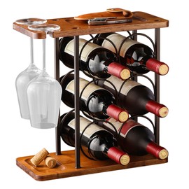 Countertop Wine Rack, 13.6×6.5×13.6inch Tabletop Wine Racks Wine Bottle Holder for 6 Bottles and 2 Glasses, Metal Wine Rack with Wooden Tray, Perfect for Kitchen/Dining Room (Black, 13.6×6.5×13.6inch)