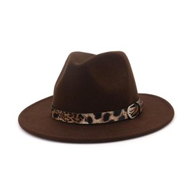 UPSTORE Womens Felt Fedora Hat Classic Wide Brim Panama Hat with Leopard Belt Buckle (Coffee)