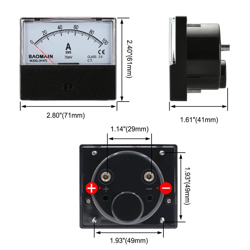 Baomain DH-670 DC 100A Analog Amp Panel Meter Current Ammeter