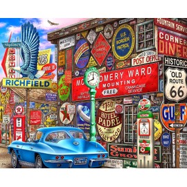 Springbok 's Route 66 - Rompecabezas nostálgico de 2000 piezas para adultos con señalización retro y autos clásicos, piezas cortadas con cinta