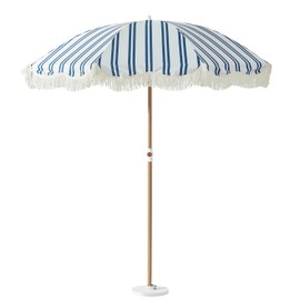 DEER LAND 6.5FT Striped Beach Umbrella with Fringe, UPF 50+ Sun Protection, Adjustable Tilt, Wind-Resistant Fiberglass Ribs, Portable with Carry Bag, Base Not Included