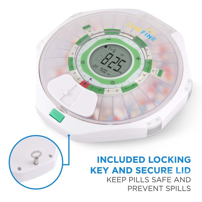 Live Fine 28-Day Automatic Pill Dispenser Frosted Lid with Upgraded