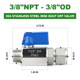 TAISHER 2PCS 304 Stainless Steel Compression Mini Ball Valve Shut Off Switch, 3/8" Tube OD x 3/8" NPT Male