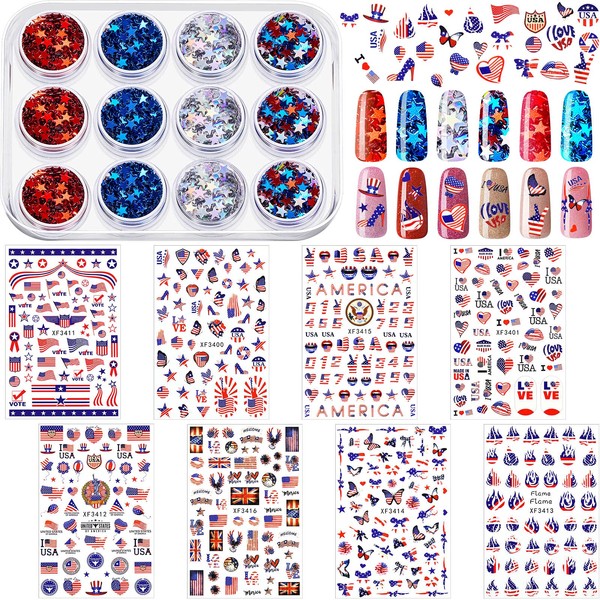 8 Sheets American Flag Nail Art Sticker and 12 Boxes Nail Glitter Star Sequin, 4th of July Nail Sticker Self Adhesive Independence Day Patriotic Nail Art Decal and Nail Confetti Flakes for Women Girls