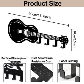 MAYJOYDIY Music Guitar Metal Key Hook Instrument Coat Hook Wall Mounted 15.7×6.3inch Black Wall Art Decor Key Holder with 4 Hooks for Gift Coats Hats Towels Bags Hanging