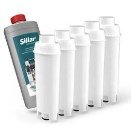 Sillar 5 Pack Water Filter for Delonghi Coffee Machines DLSC002, SER3017 & 5513292811 - Compatible with ECAM, ESAM, ETAM Series | Fits Dinamica, PimaDonna + Universal Descaler 1L