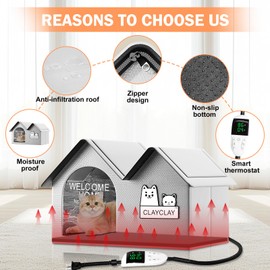 Heated Cat House for Outside with Thermostatic Pet Heating Pad - Heated Foldable Outdoor Cat House with Insulated Aluminum | Waterproof & Weatherproof | Easy to Assemble | Easy to Carry (Gray, Large)