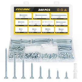 Wood Screws Assortment Kit, FIXLINK 240 PCS High Hardness Flat Head Wood Screws Set, Phillips Drive Assorted Screws, Contain 15PC Anchors and 8 Size (2-1/2”,2”,1-1/2”,1-1/4”,1”,3/4”,5/8”,1/2”), Zinc