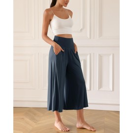 ODODOS Women's Wide Leg Palazzo Lounge Cropped Pants with Pockets Light Weight Comfy Casual Pajama Capri Pants-22 inseam, Midnight, Small