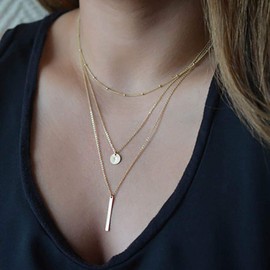 DoubleNine Multilayer Necklace Gold Bar Pendant Simple Sequins Geometric Necklace Layered for Women