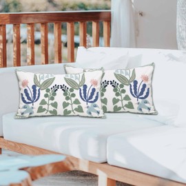 Pilmandu Pack of 2 Embroidered Decorative Throw Pillow Cover 12x20 Inch Farmhouse Floral Pillowcase for Living Room Sofa Bed (Bird Flower-Waist), W-45444