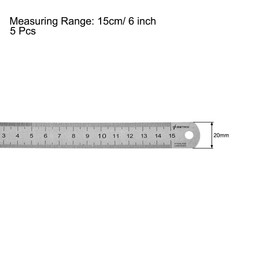 sourcing map Straight Ruler 15cm 6 Inch Metric Stainless Steel Measuring Tool with Hanging Hole 5pcs