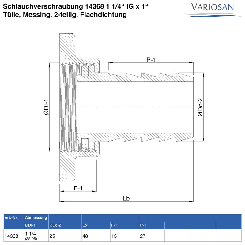 VARIOSAN Hose Fitting 14368, 1 1/4 Inch Inner Thread x
