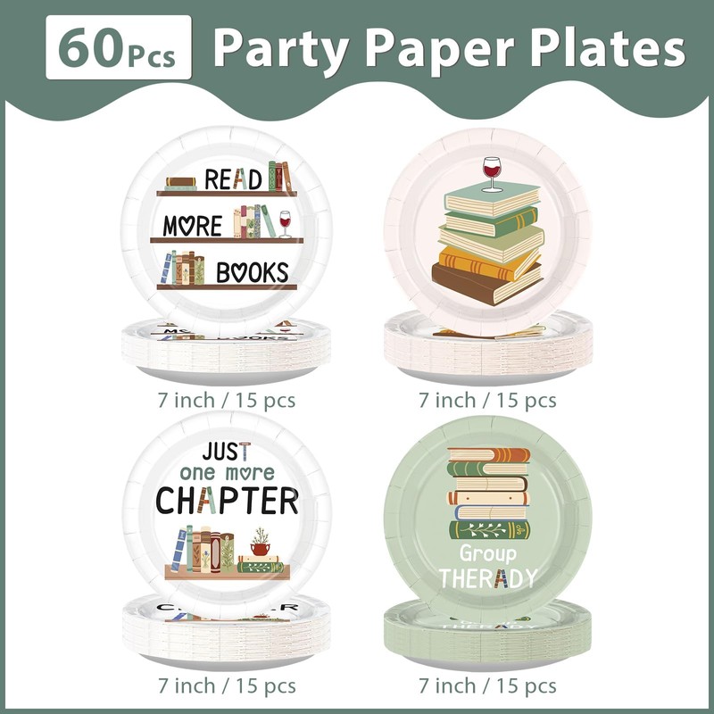 60 Pcs Book Club Decorations Group Therapy Paper Plates