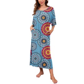 PrinStory Womens Long Nightgown Round Neck Nightshirts Short Sleeve Loose Loungewear Casual Sleep Dress With Pockets FP-Mix Blue-X-Large