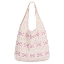 Sightor Crochet Tote Bag, Mesh Beach Bag Knit Summer Hobo Bag Vacation Boho Tote Bag for Women (Apricot Pink)