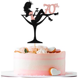 1 decoración para tartas de 70 cumpleaños con purpurina, dulce y tacón alto, para niñas, damas, maquillaje, spa, saludos a fiesta de cumpleaños 70, suministros de decoración de pasteles, oro rosa