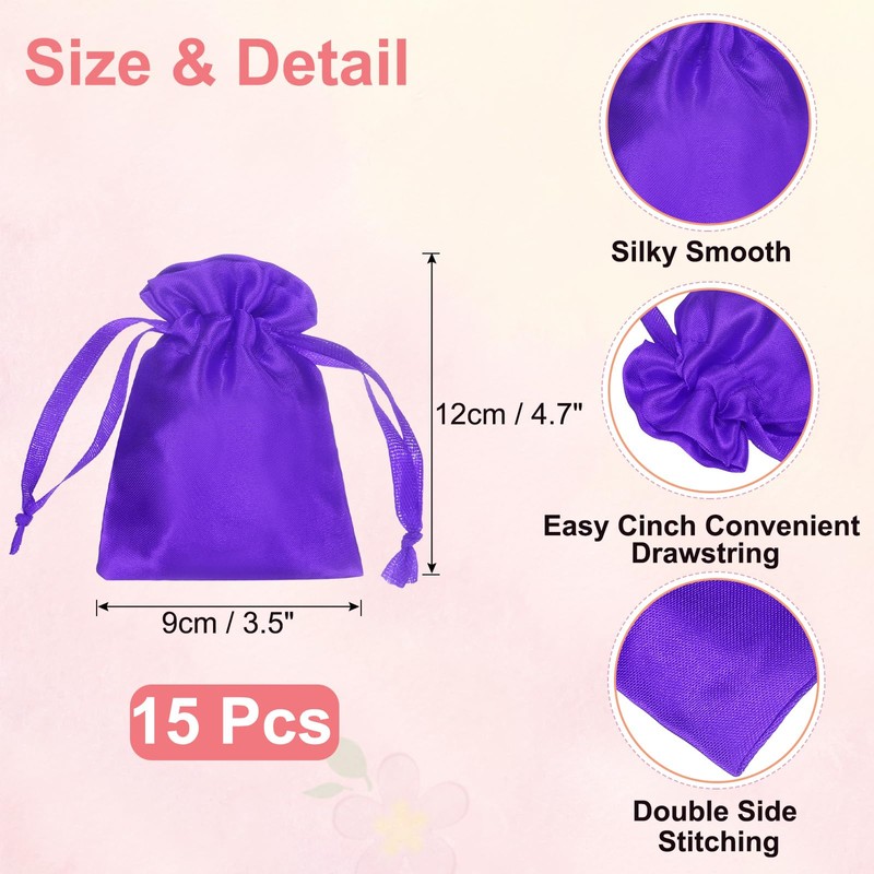 uxcell 15pcs Dark Purple Satin Gift Bags with Drawstring, 4.7"