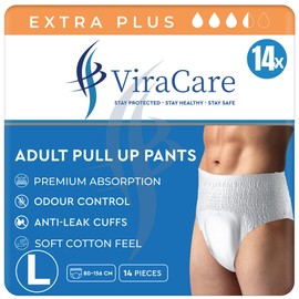 ViraCare 14 x Extra Plus Incontinence Pants Women & Men | Adults Nappies | Premium Absorption and Soft-Stretch Waistband | Adults Pull Up Pants | Waist Size Large 80-156 cm | (1 Pack of 14, Large)