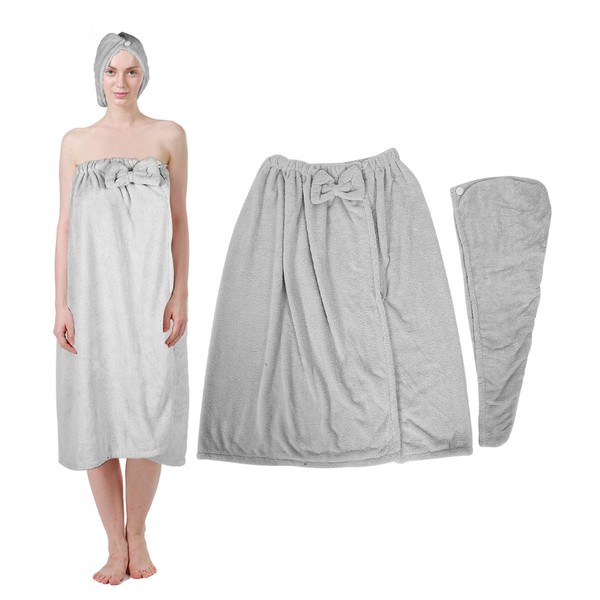 ZJchao Bath Towel Wrap, Coral Fleece Adjustable Spa Women's Robe with Shower Wrap Hat for Home Beauty Salon (Grey)