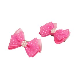 Triple Ribbon Bow Polka Dots Faux Pearl Flower Girls Ponytail Holder Hair Pin Set (4 Pcs) - Magenta Pink
