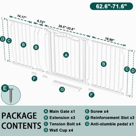 Fairy Baby 62.5"-71.6" Extra Wide Long Baby Gate for Doorways, Large Dog Gate for the House, No Drill Baby Gate for Stairs, Pressure Mounted Toddler Safety Child Gate Auto Close Pet Gate Indoor, White